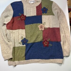 Alfred Dunner Women's Patchwork Sweater - Cream, Red, Green, Blue